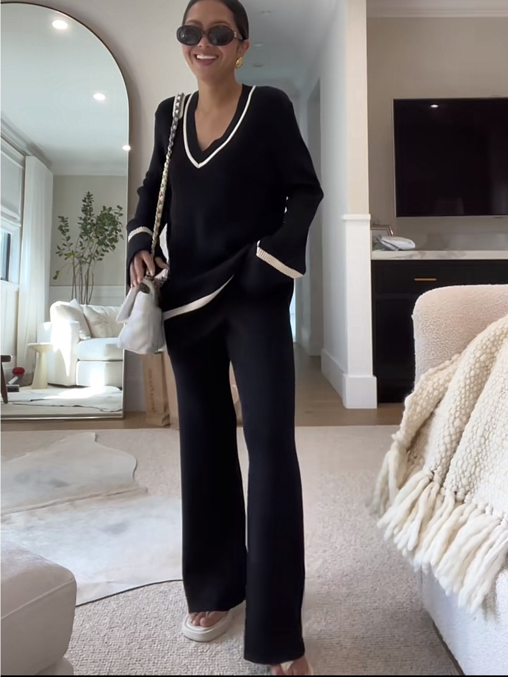 Dissh Black V-Neck Knit Top & Wide-Leg Pants Set with Cream Trim